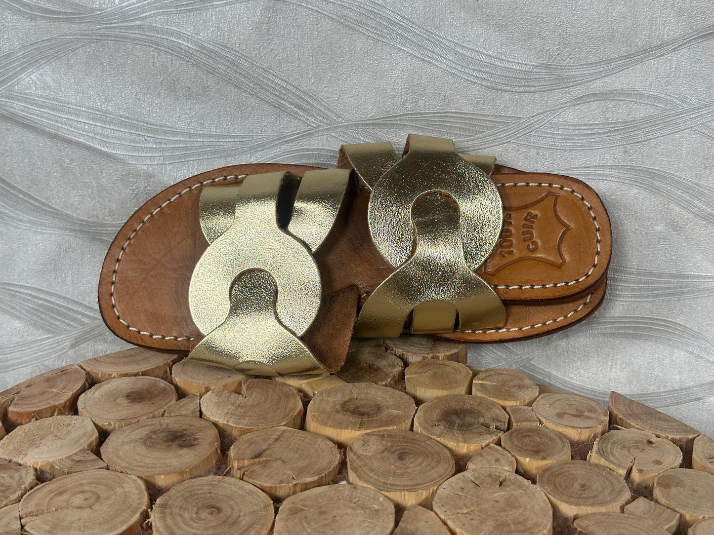 Handmade Moroccan Leather Sandals: Gold Braided Boho Slides