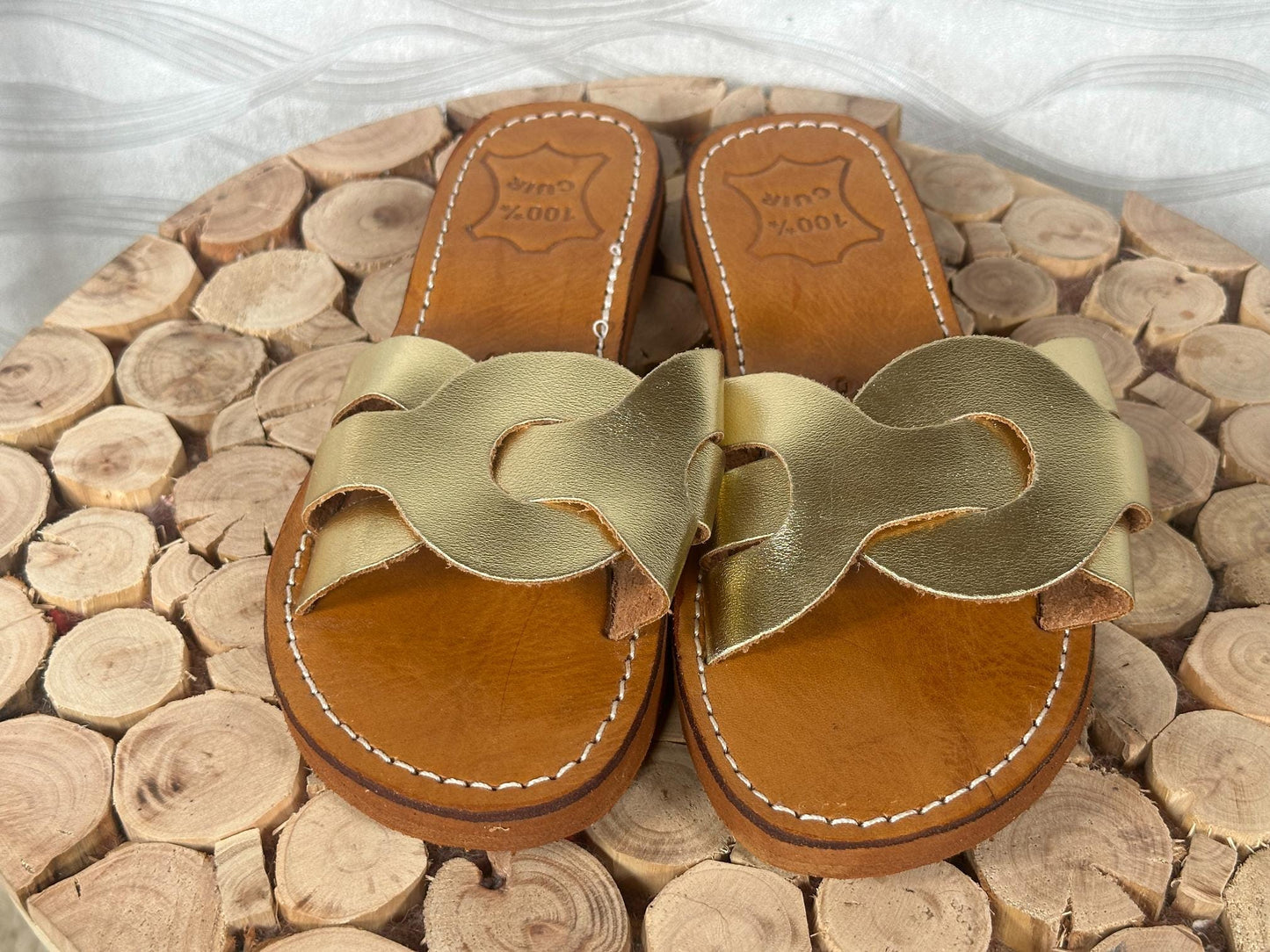 Handmade Moroccan Leather Sandals: Gold Braided Boho Slides