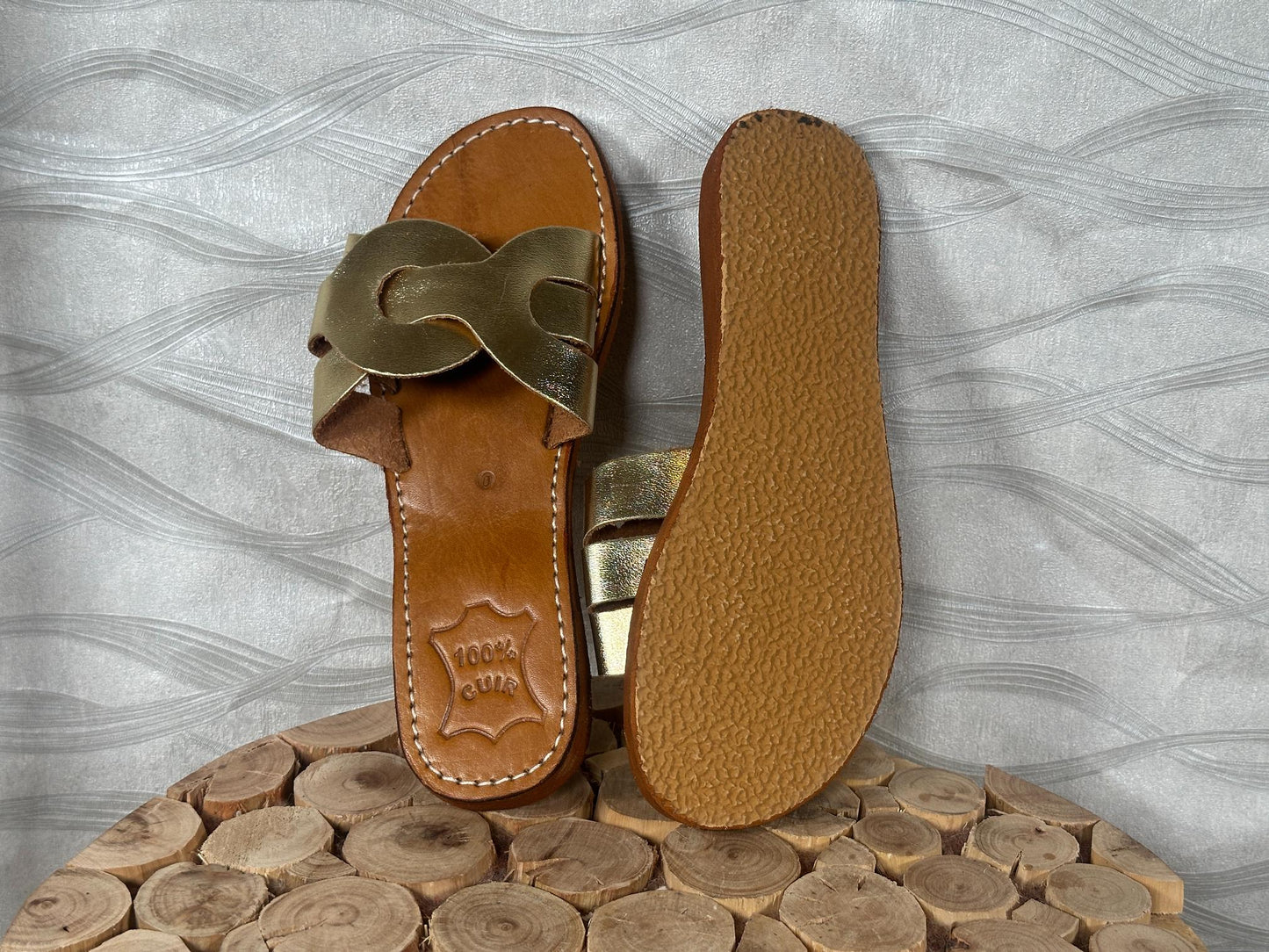 Handmade Moroccan Leather Sandals: Gold Braided Boho Slides