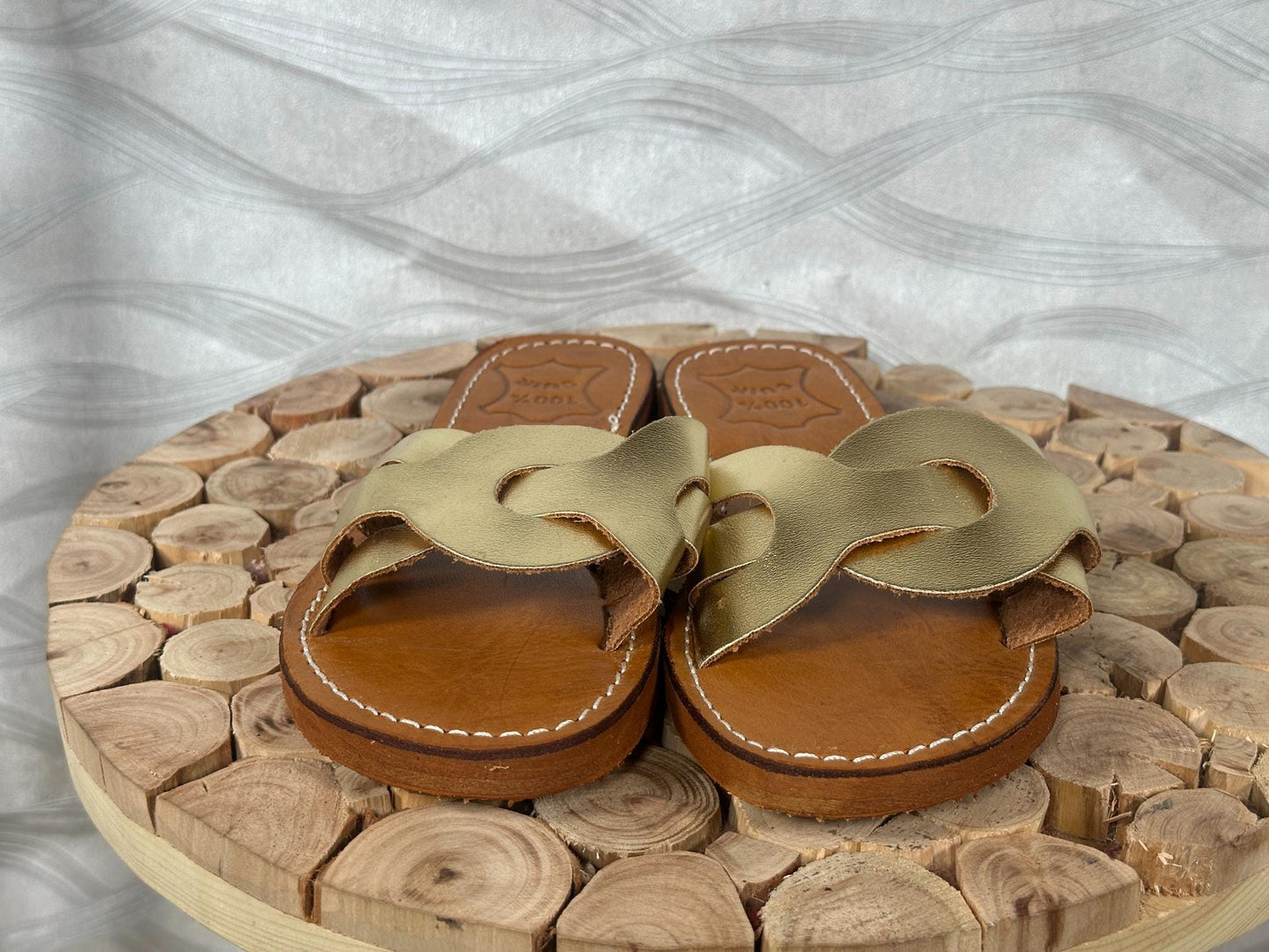 Handmade Moroccan Leather Sandals: Gold Braided Boho Slides