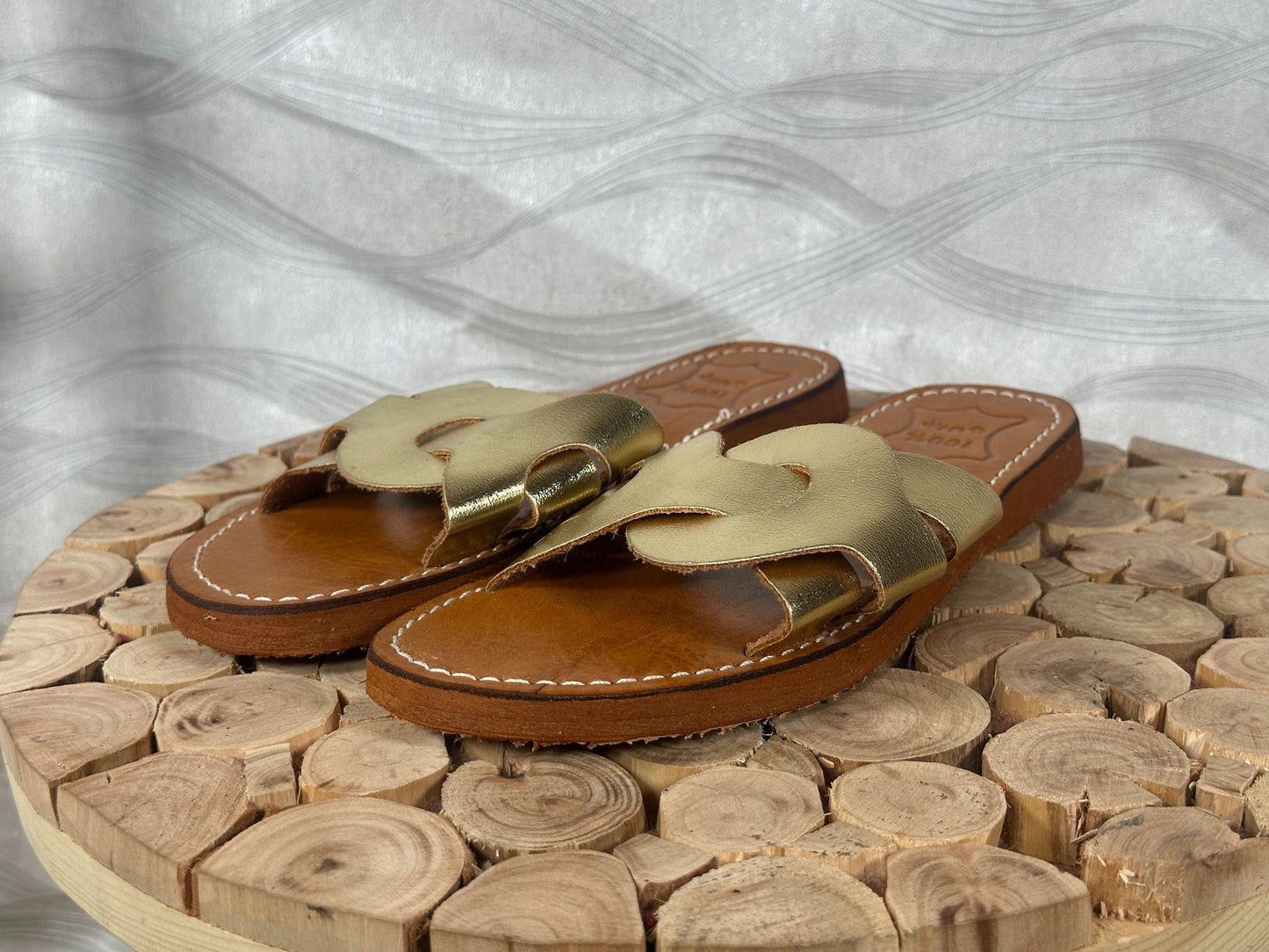 Handmade Moroccan Leather Sandals: Gold Braided Boho Slides