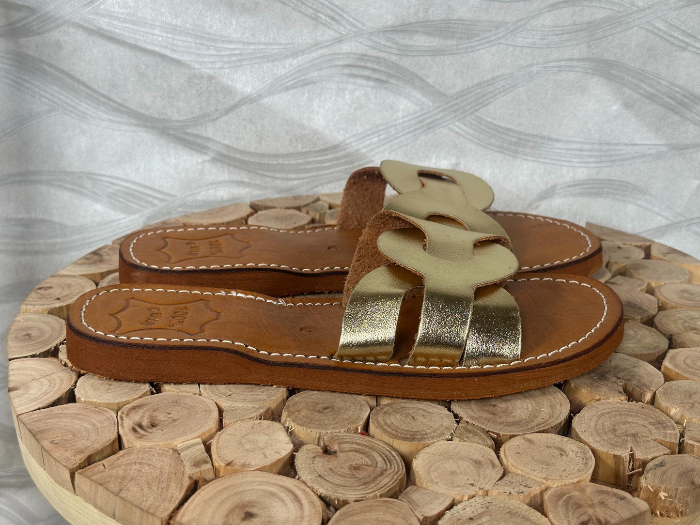 Handmade Moroccan Leather Sandals: Gold Braided Boho Slides