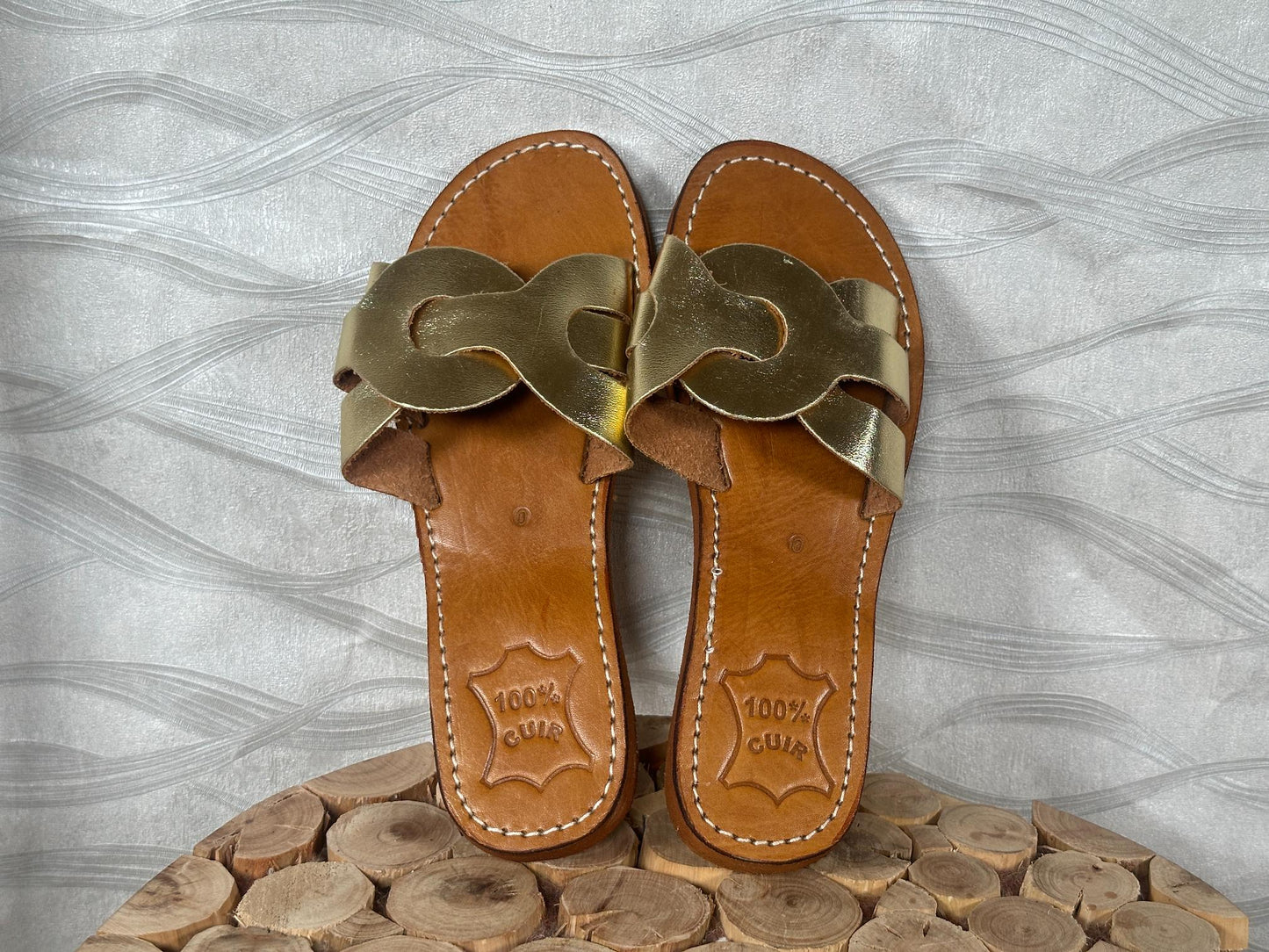 Handmade Moroccan Leather Sandals: Gold Braided Boho Slides