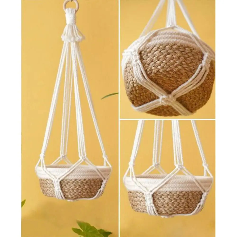 Handmade Macrame Plant Hanger in Beige | Cotton Rope Hanging Basket for Indoor Living Room & Balcony Décor