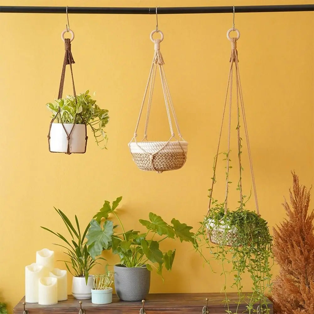 Handmade Macrame Plant Hanger in Beige | Cotton Rope Hanging Basket for Indoor Living Room & Balcony Décor
