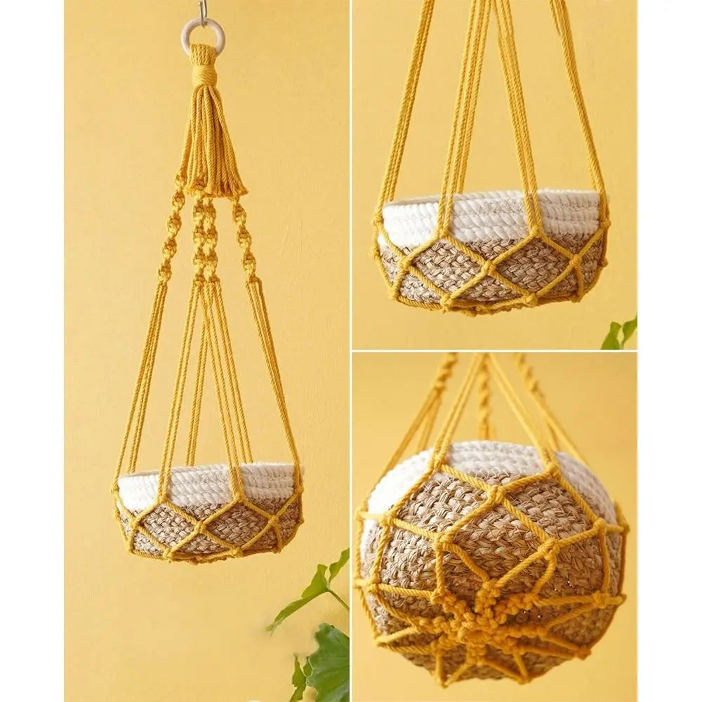 Handmade Macrame Plant Hanger in Beige | Cotton Rope Hanging Basket for Indoor Living Room & Balcony Décor