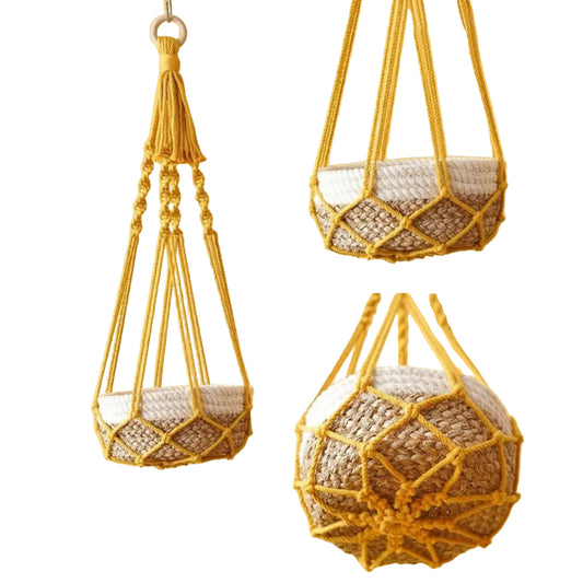 Handmade Macrame Plant Hanger in Beige | Cotton Rope Hanging Basket for Indoor Living Room & Balcony Décor
