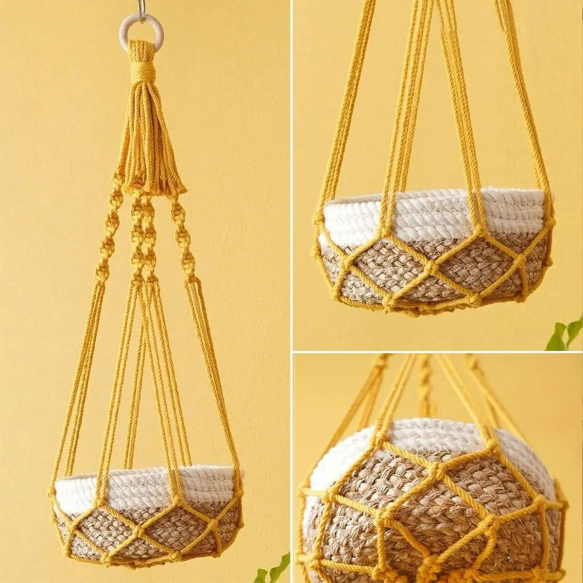 Handmade Macrame Plant Hanger in Beige | Cotton Rope Hanging Basket for Indoor Living Room & Balcony Décor
