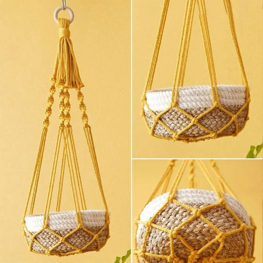 Handmade Macrame Plant Hanger in Beige | Cotton Rope Hanging Basket for Indoor Living Room & Balcony Décor