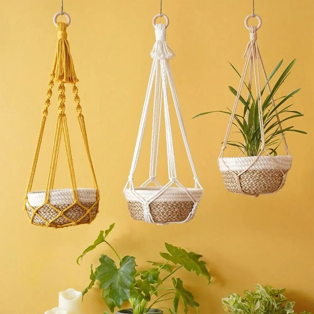 Handmade Macrame Plant Hanger in Beige | Cotton Rope Hanging Basket for Indoor Living Room & Balcony Décor