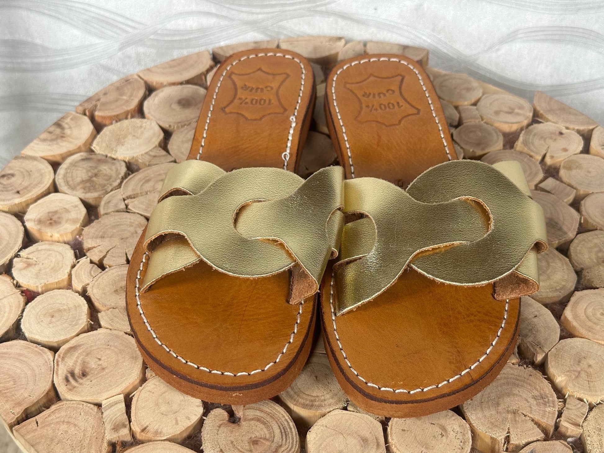 Handmade Moroccan Leather Sandals: Gold Braided Boho Slides