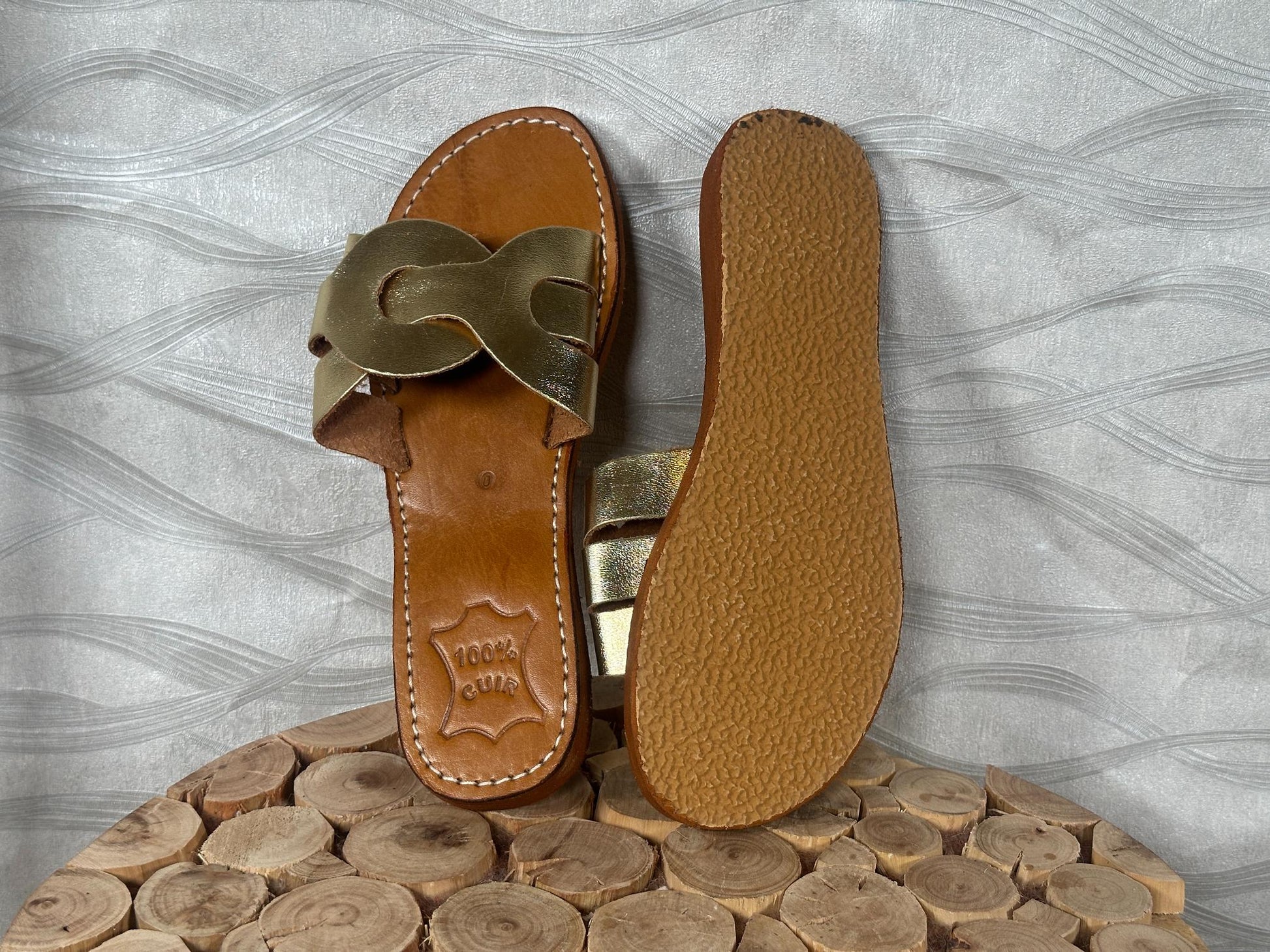 Handmade Moroccan Leather Sandals: Gold Braided Boho Slides