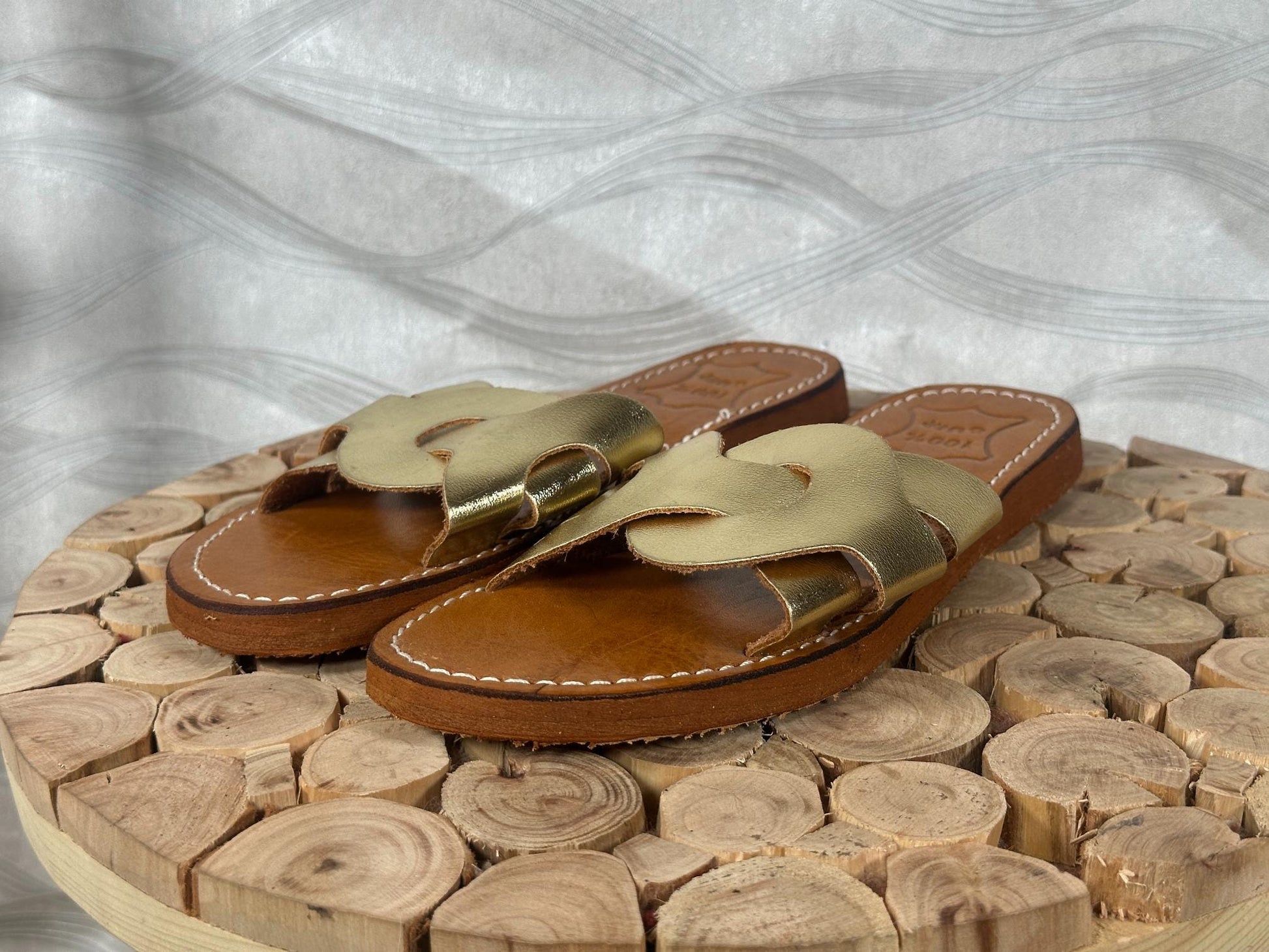 Handmade Moroccan Leather Sandals: Gold Braided Boho Slides