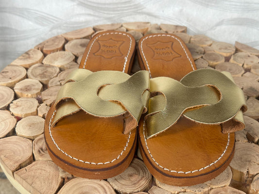 Handmade Moroccan Leather Sandals: Gold Braided Boho Slides