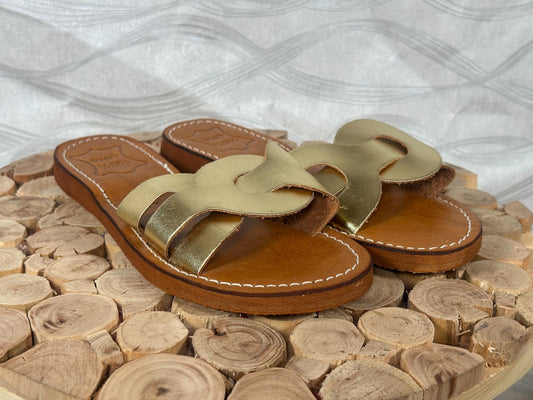 Handmade Moroccan Leather Sandals: Gold Braided Boho Slides